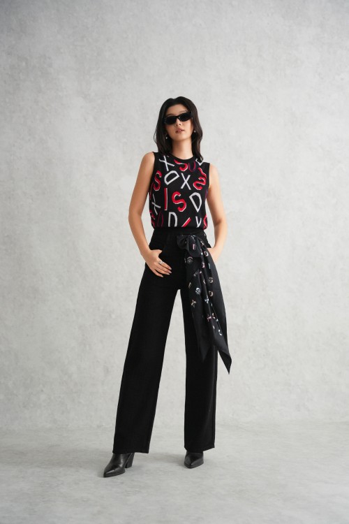 Sixdo Black Letter Jacquard Knit Blouse